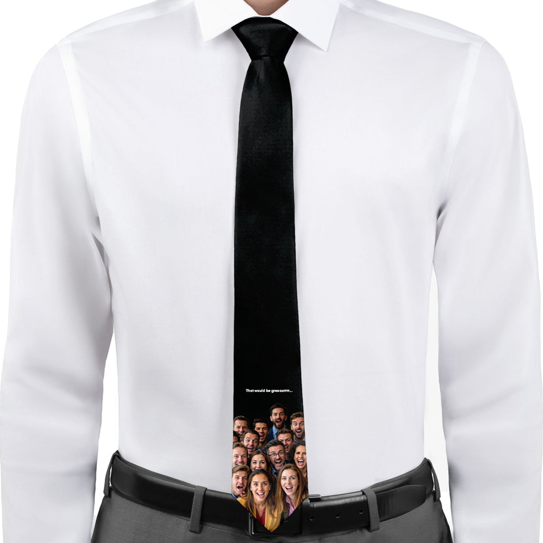 Team photo on a solid black custom necktie with inside joke text
