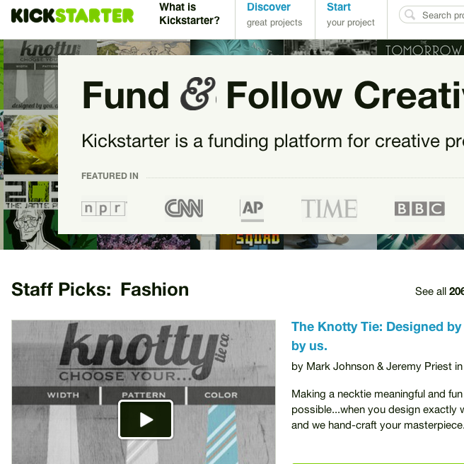 Kickstarter homepage with text and branding elements