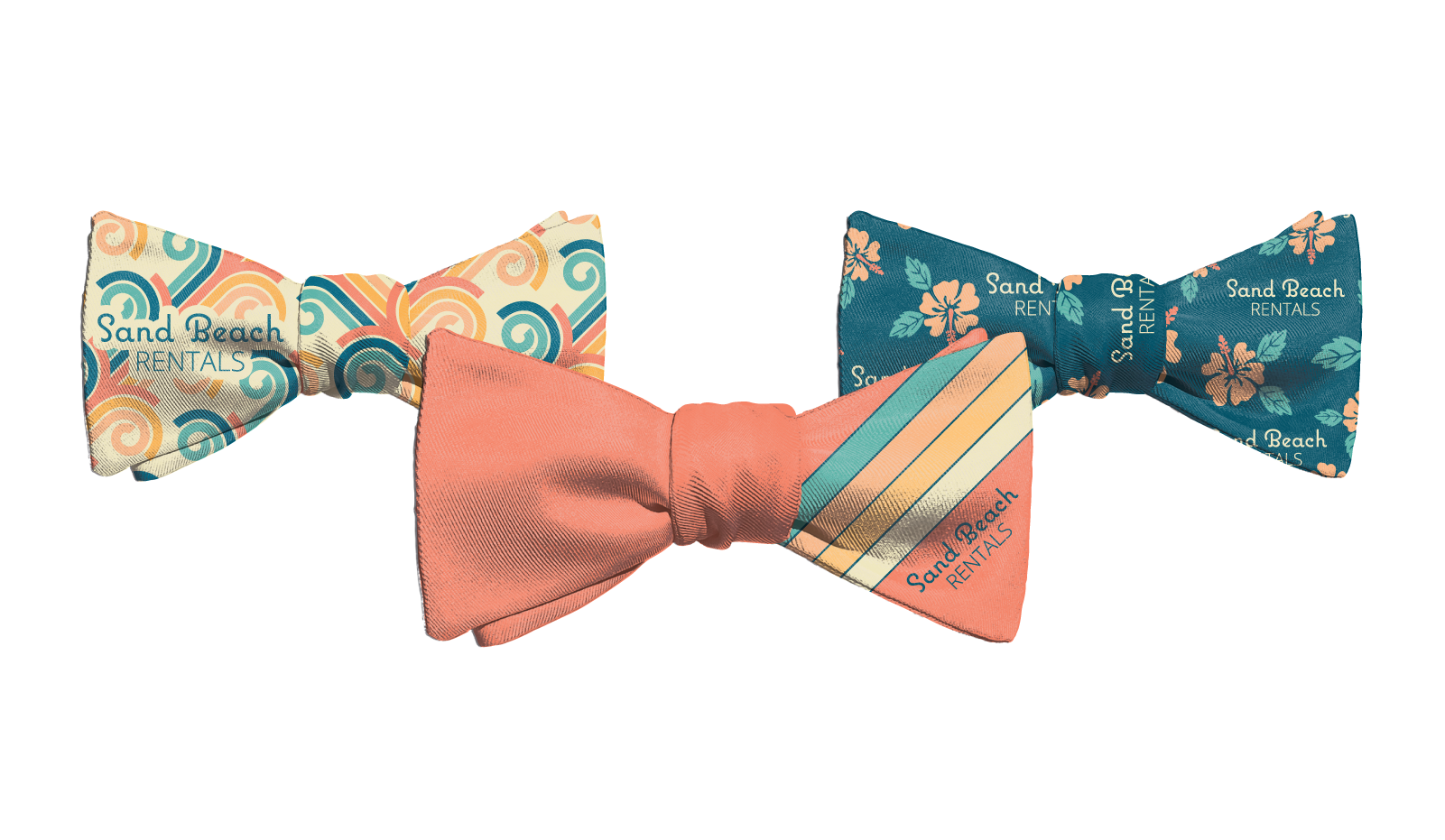 Three bow ties with different logo designs
