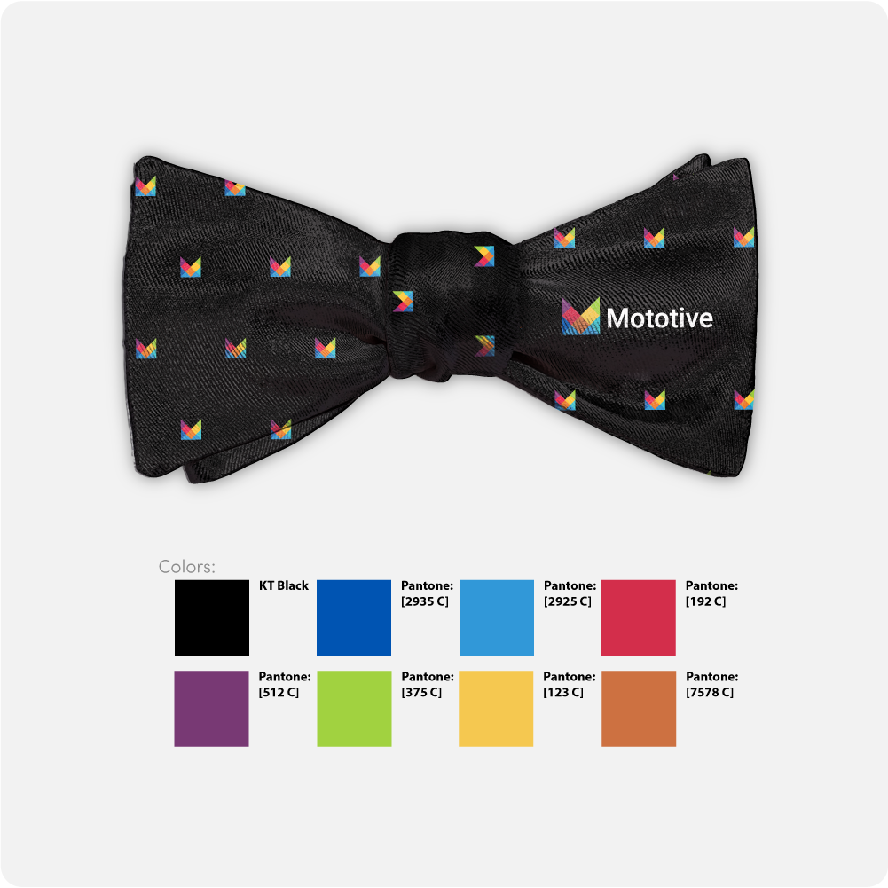 Black bow tie with colorful geometric pattern and logo branding on a white background.