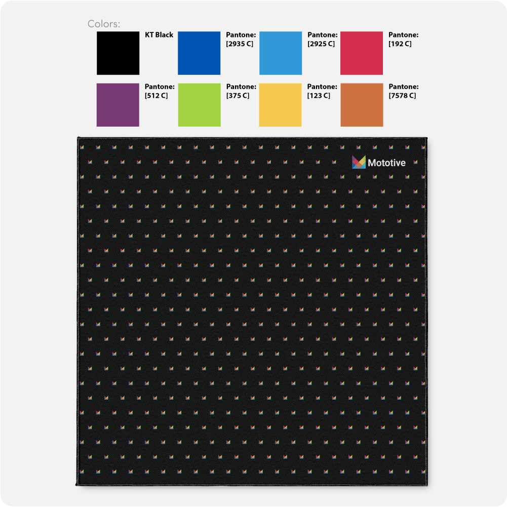 Black pocket square with colorful color swatches above it, featuring logo branding.