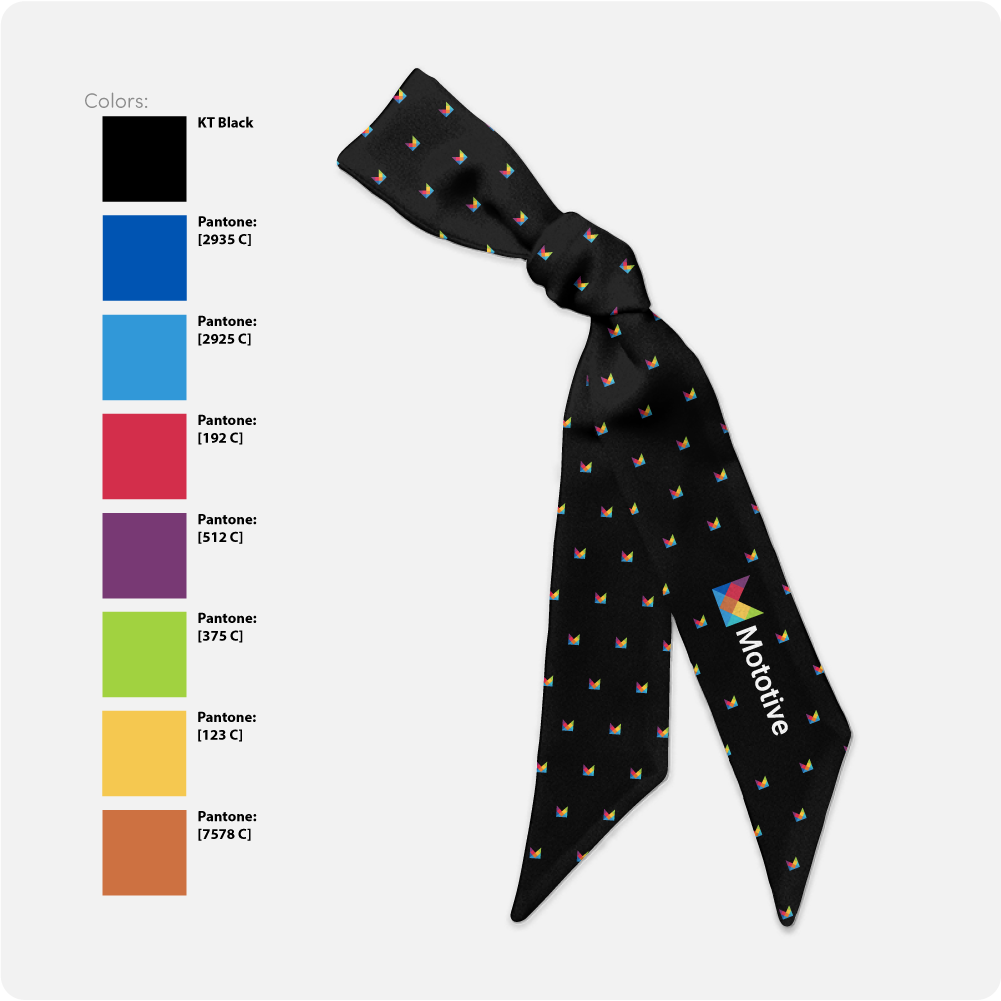 Black hair scarf with colorful pattern and logo on a white background
