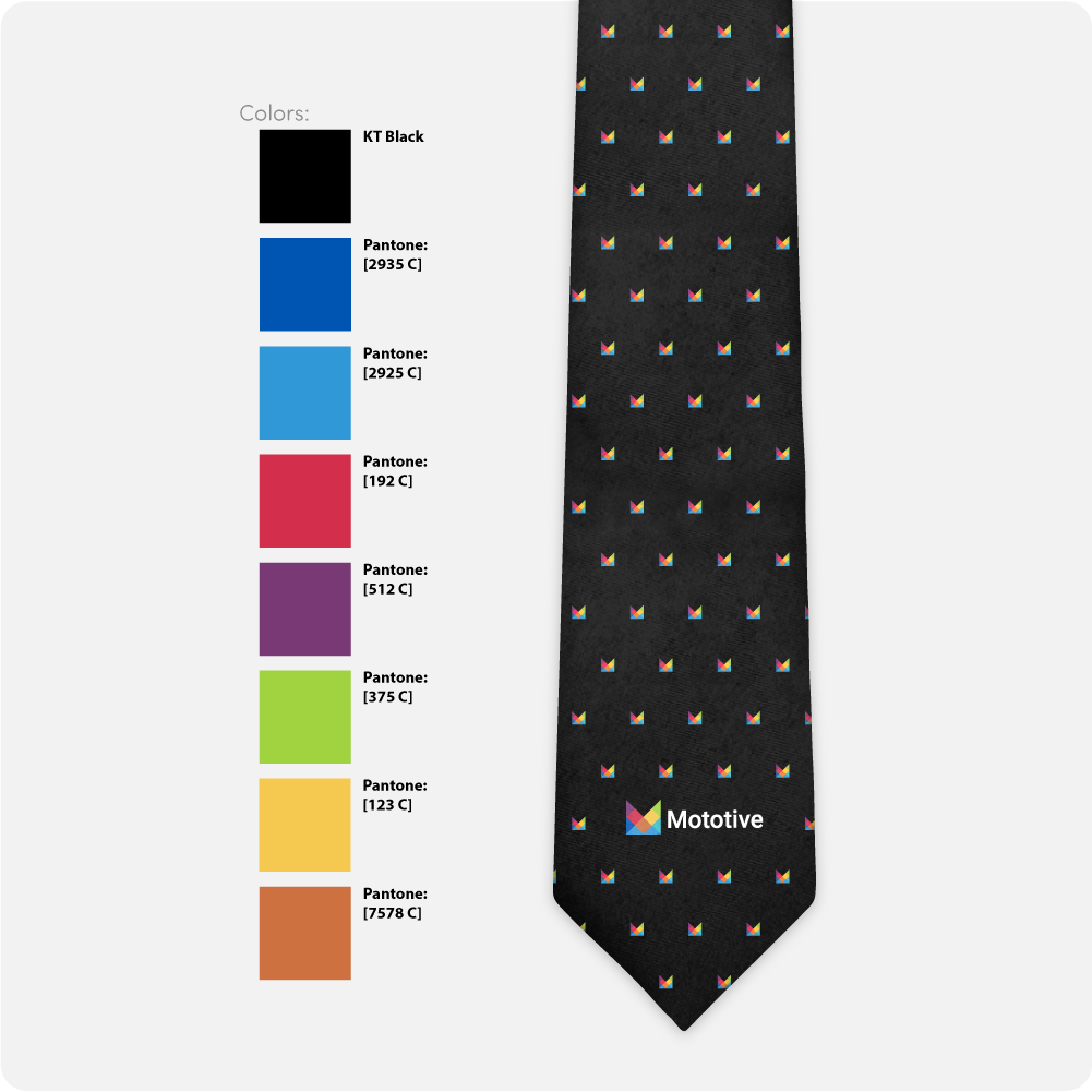 Black bespoke tie with colorful pattern showing Pantone color swatches on a white background