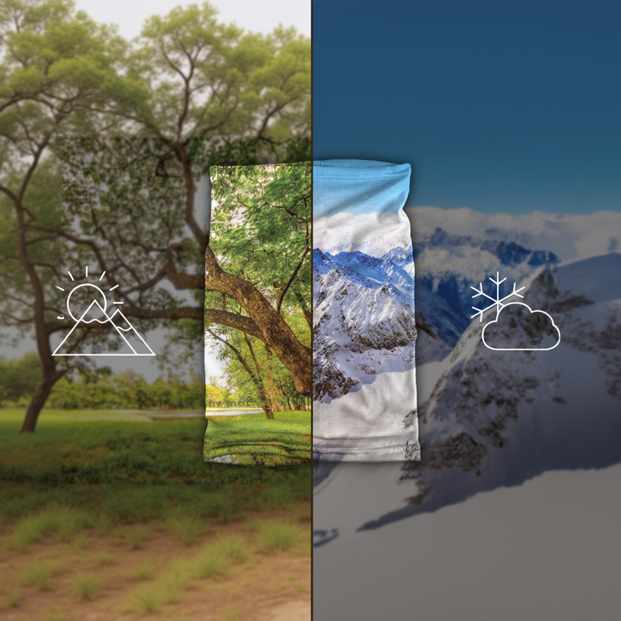 neck gaiter, divided in half. one with a tree design and the other with mountain and cloud design/