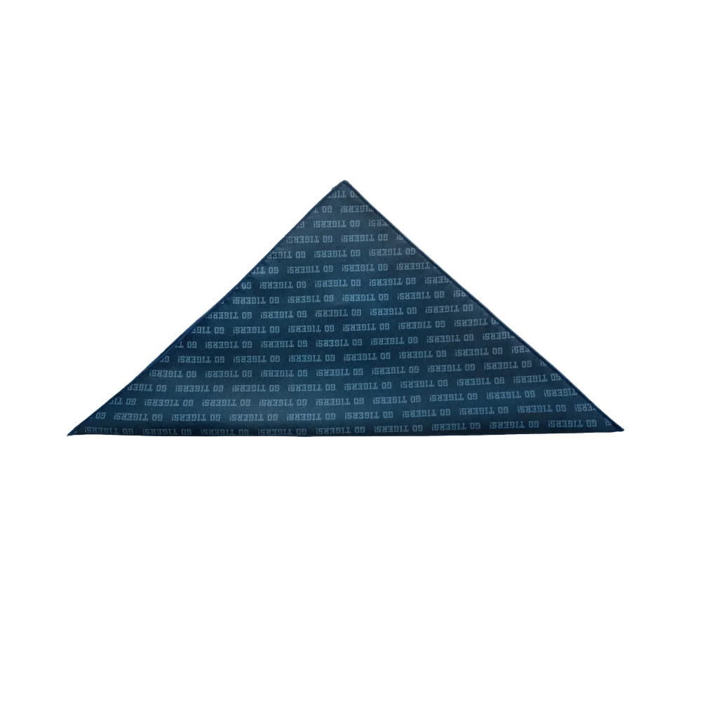 A triangular pocket square featuring a dark blue with a repeating  pattern of the words "Go Tigers"