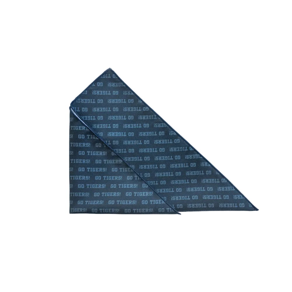 A folded pocket square in dark blue with a repeating light blue 'GO TIGERS!'