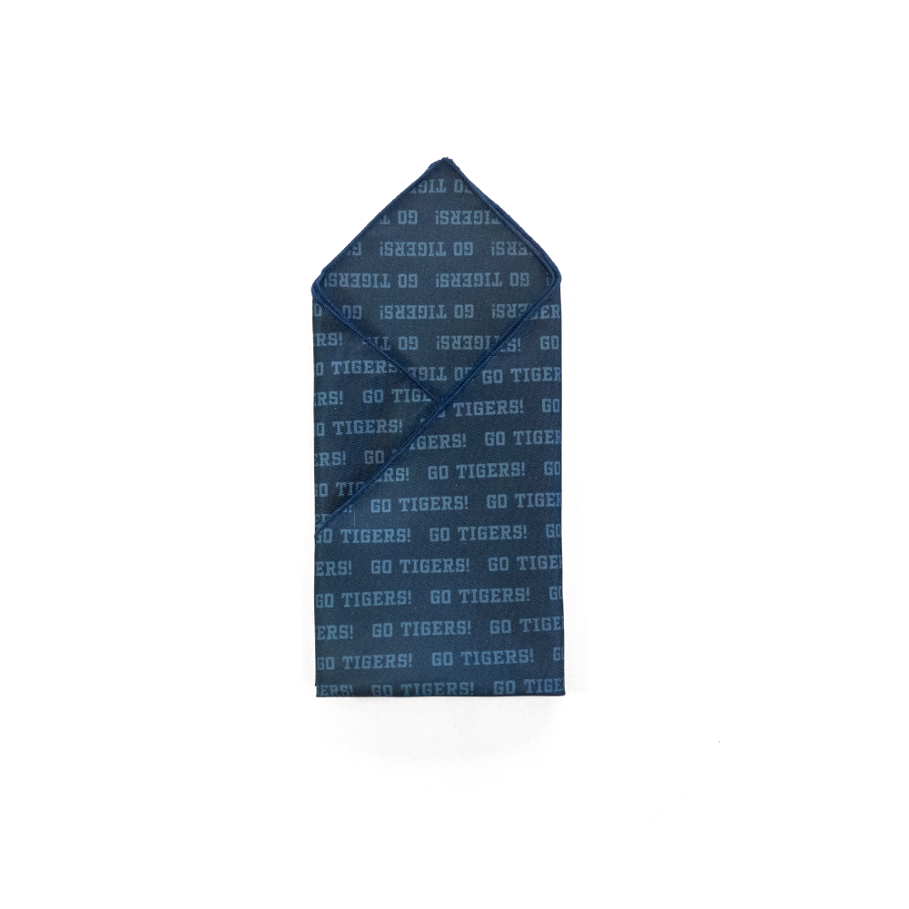 A small house-shaped pocket square featuring a blue and navy pattern of 'GO TIGERS!' text.