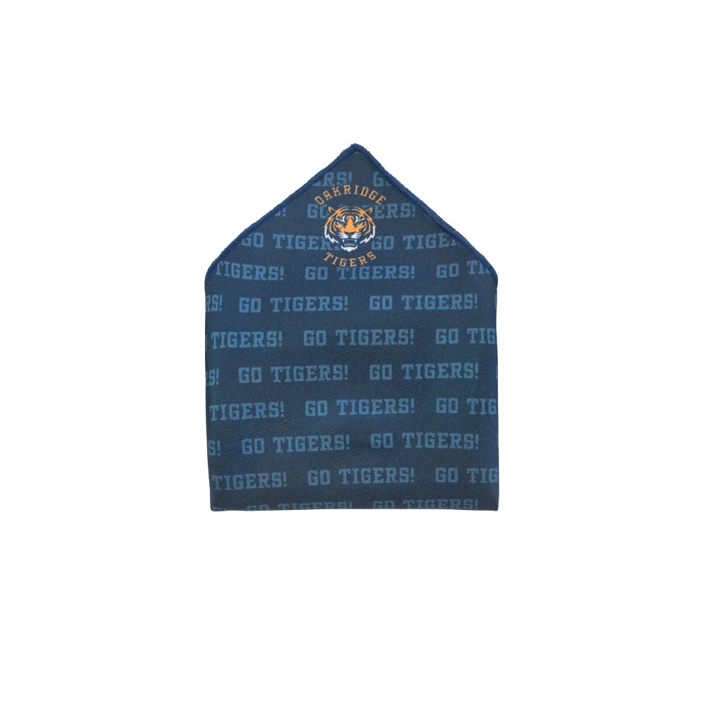 A one point folded navy blue pocket square with a repeating 'GO TIGERS!' pattern and a tiger logo.