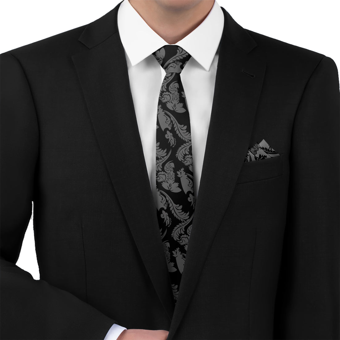 Black and grey paisley tie and pocket square set
