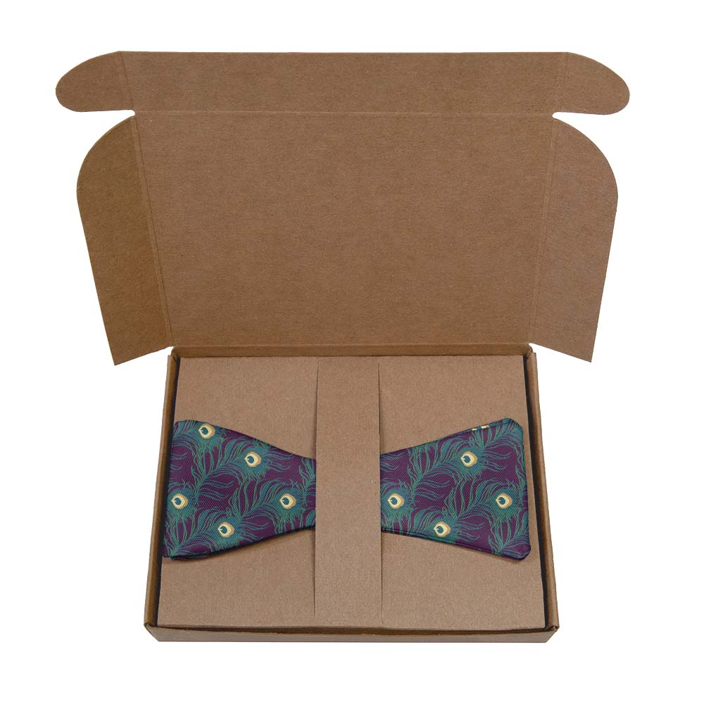 Peacock Feathers Bow Tie- Kraft Gift Box Packaging - Knotty Tie Co.