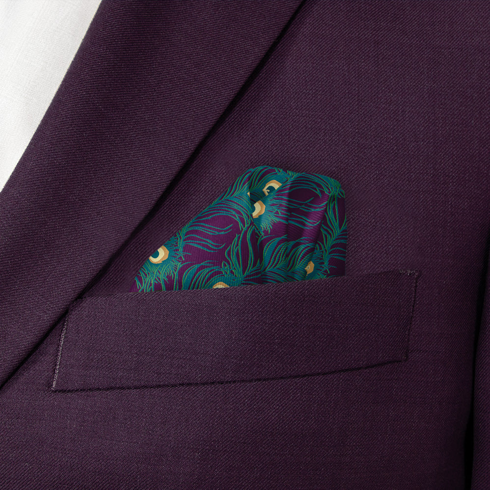 Peacock Feathers Pocket Square - Wave Fold - Knotty Tie Co.