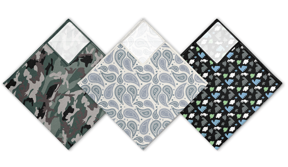 Three pocket square designs with rotating color ways