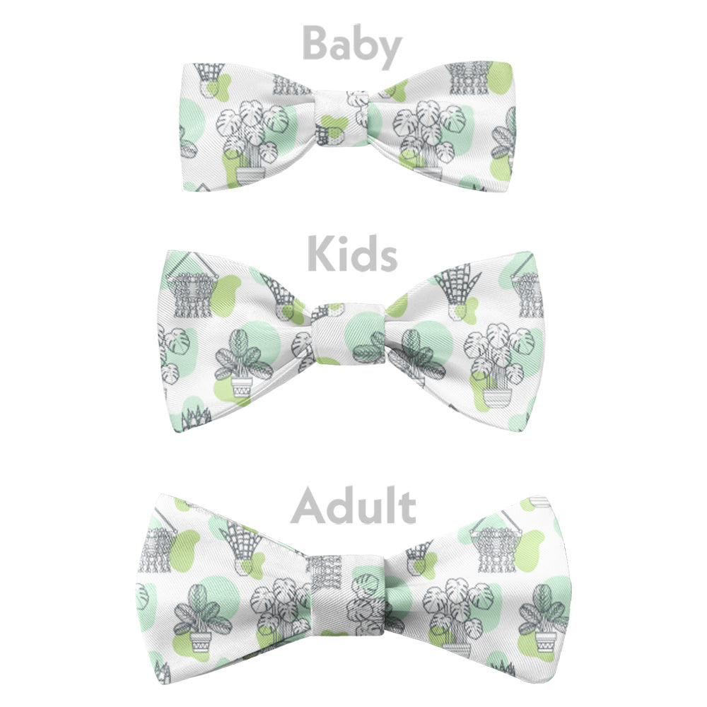 Set of three bow ties labeled 'Baby', 'Kids', and 'Adult' with a potted plant pattern on a white background.