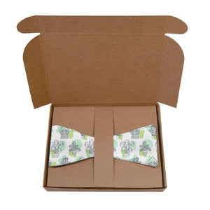 Open brown cardboard box with a potted plant patterned fabric inside on a white background