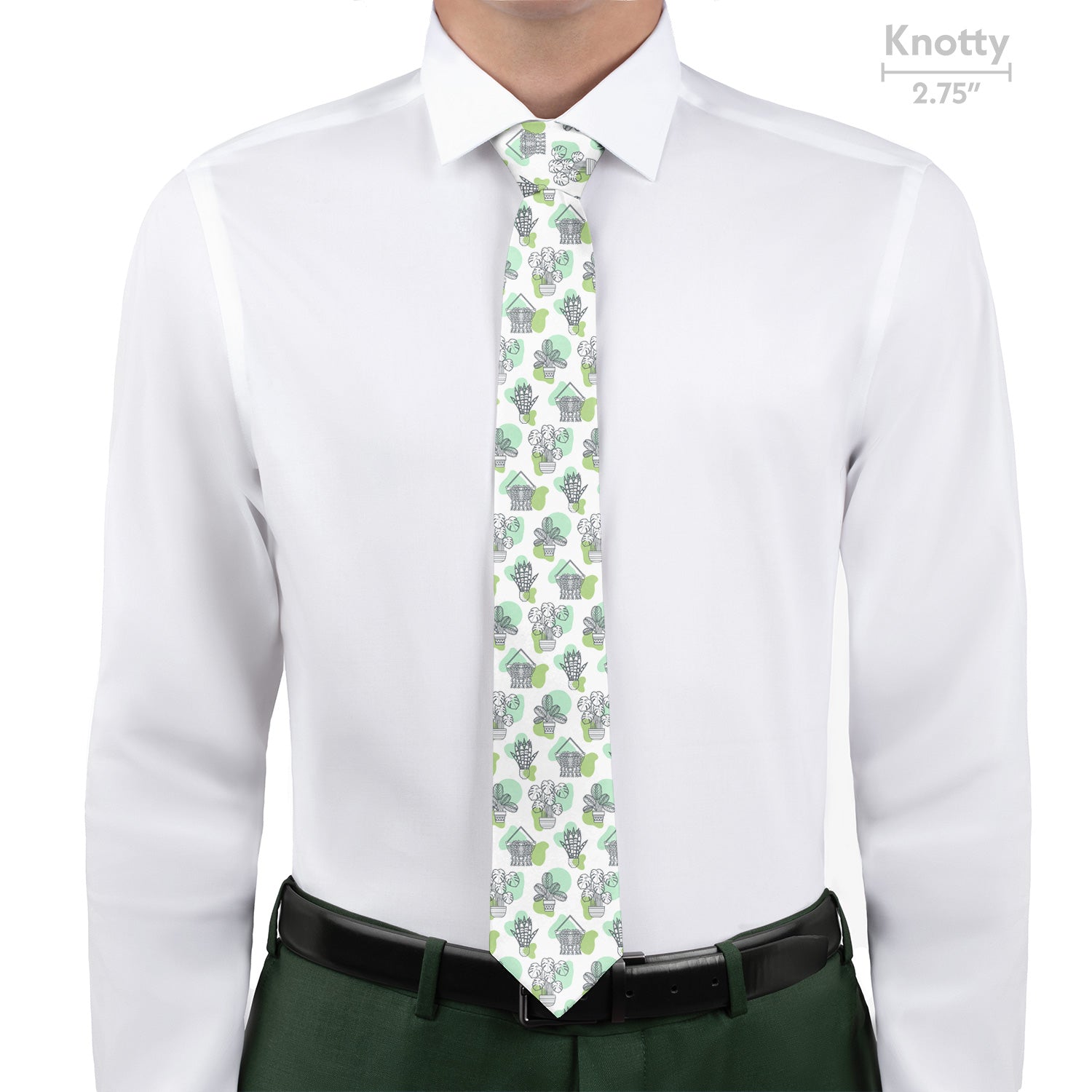 Person wearing a white shirt with a green potted plant patterned tie, standing against a white background.