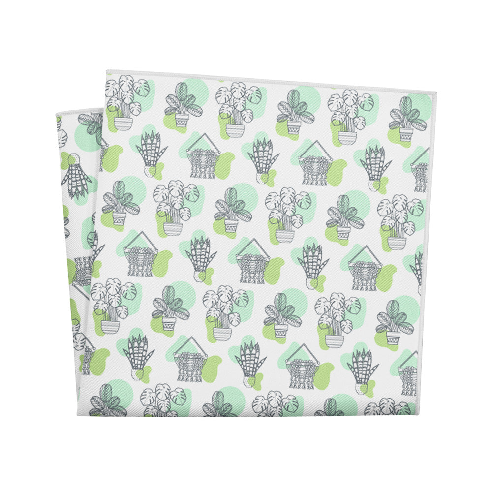 Pocket square with a pattern of potted plants on a white background