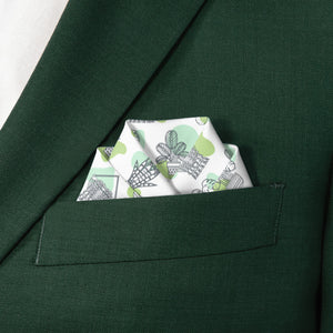 Green suit jacket with a potted plant patterned pocket square.