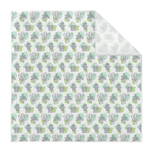 Patterned pocket square with green and gray house plant design on a white background