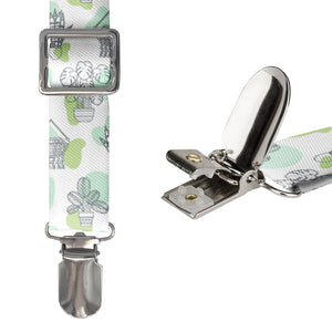 Suspenders with floral potted plant pattern and metal clips on a white background