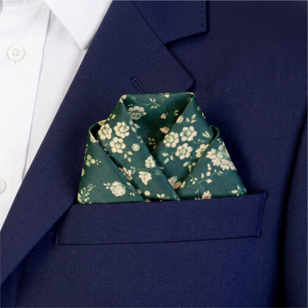 A folded green pocket square with a cream floral pattern tucked into the breast pocket of a navy blue suit jacket
