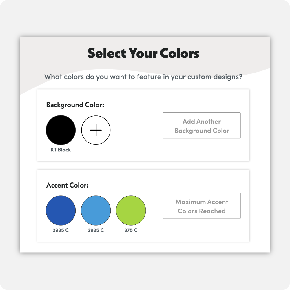 Color selection interface for custom designs with background and accent color options.