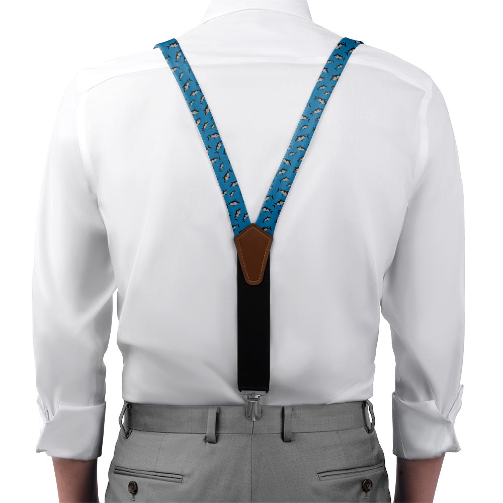 Sharks Suspenders - On Model Front View - Knotty Tie Co.