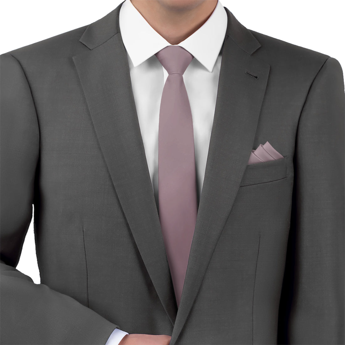 mauve necktie and pocket square with grey suit