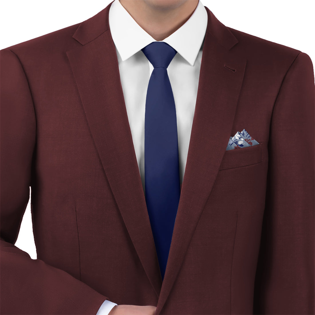 dark blue solid necktie with floral pocket square