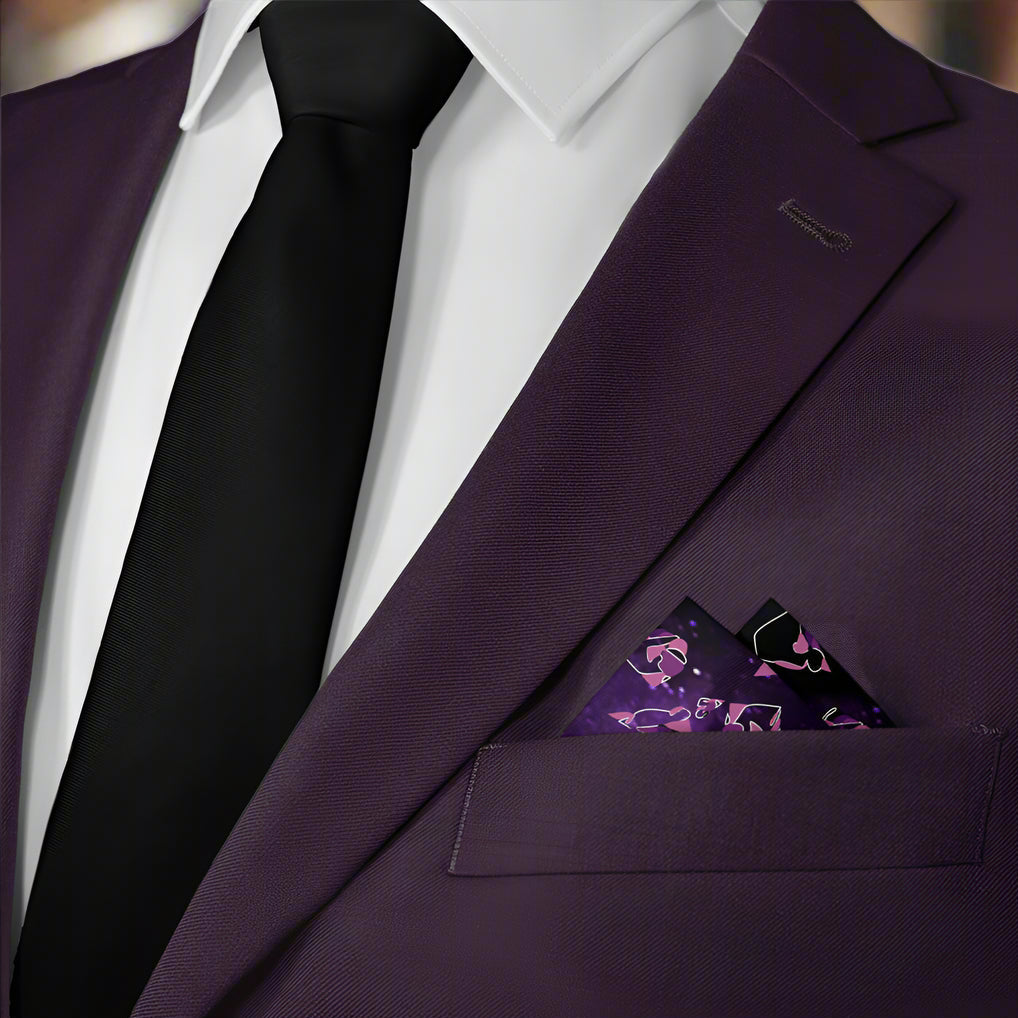 Purple suit jacket with a black tie and space themed pocket square