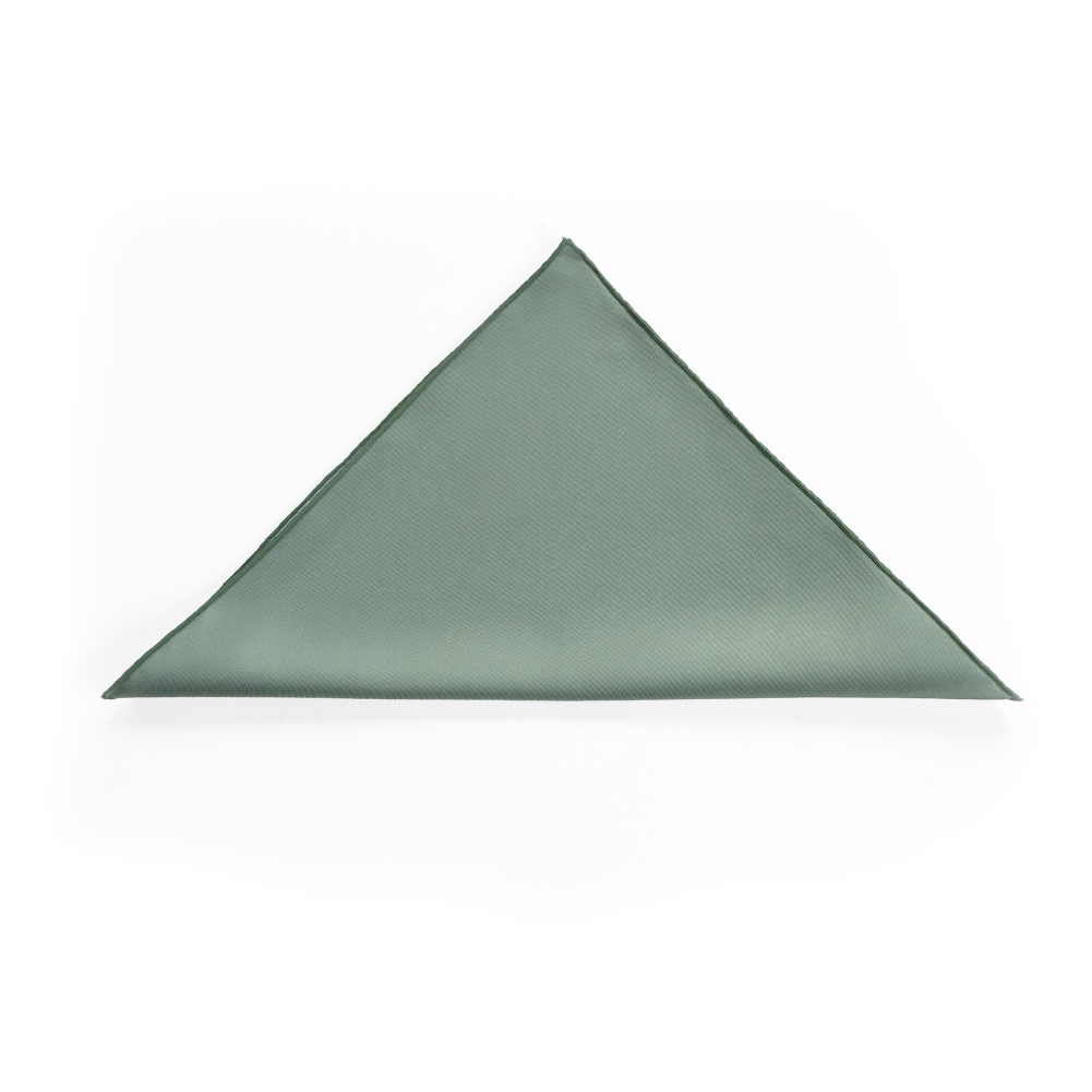 A folded square pocket square in a muted sage green color, arranged in a triangle shape.