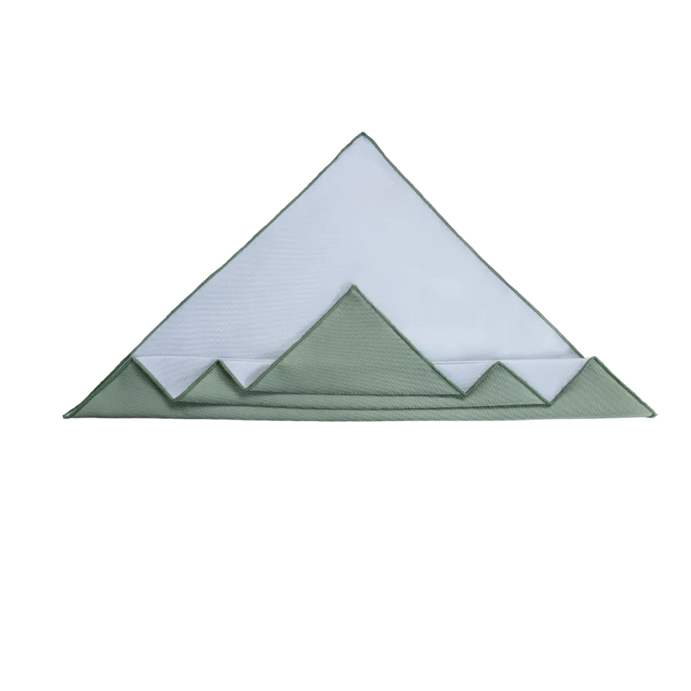 A triangular mountain-shaped pocket square in sage green and white backside.