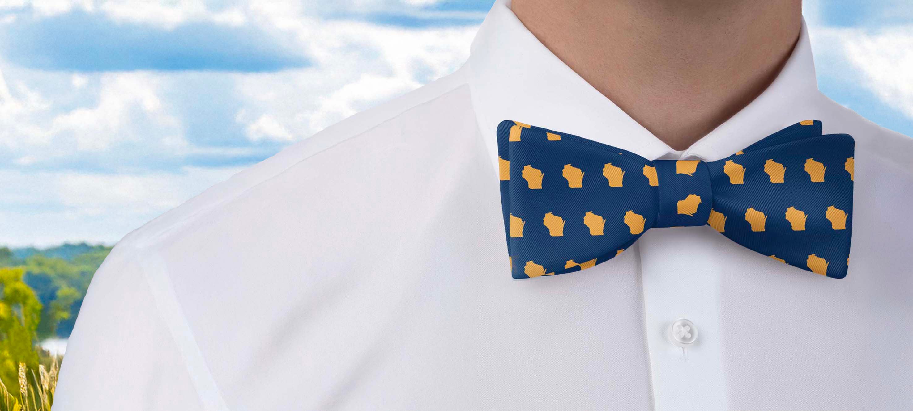 wisconsin state outline bow tie on a person in nature