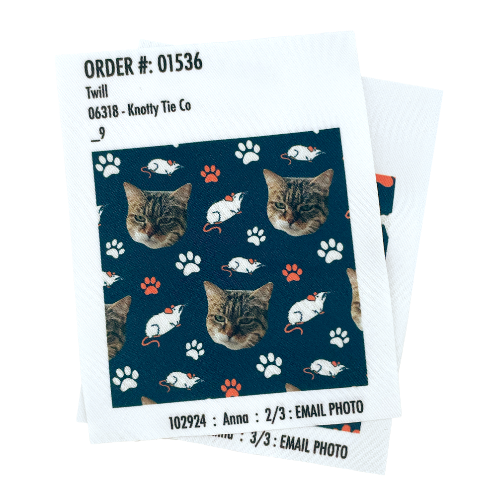 swatches of custom photo pattern featuring a cat picture and icons of a mouse and cat prints.