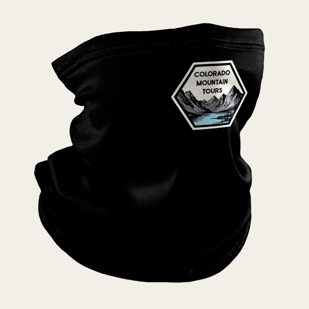 Black neck gaiter with Colorado Mountain Tours logo on a beige background