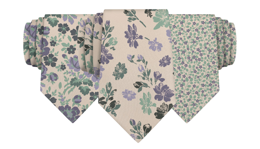 Floral neckties recolored to match wedding palette