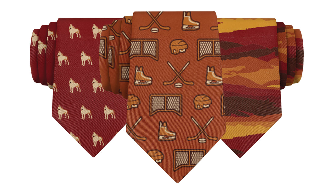 Neckties featuring favorite things in colors that match wedding palette