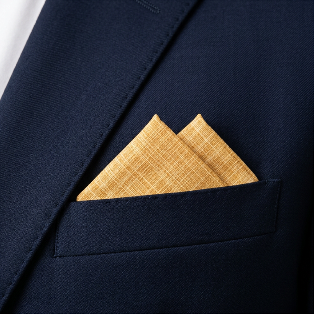 A close-up of a navy blue suit jacket pocket with a folded mustard yellow pocket square.