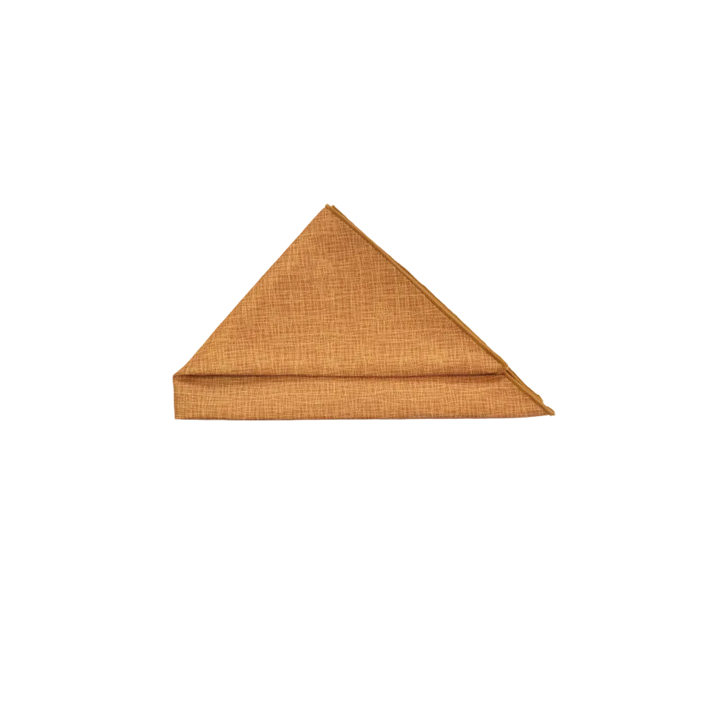 A folded triangular pocket square made of tan twill fabric.