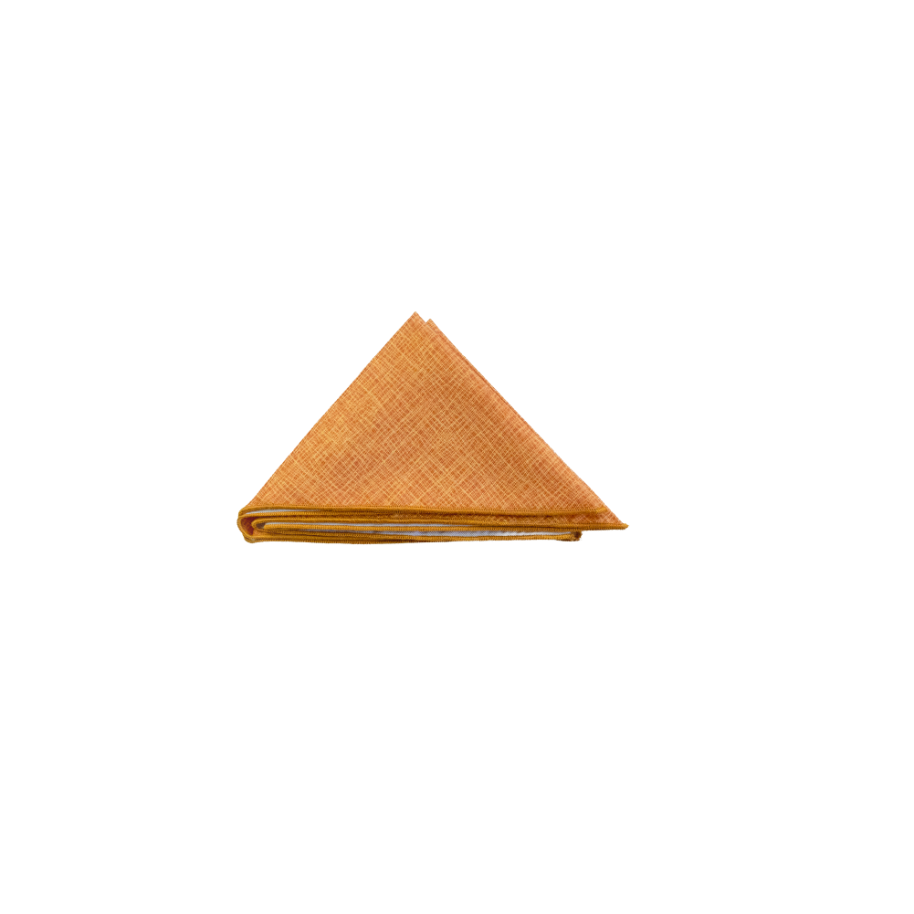A folded square pocket square made of twill fabric in a warm tan color.