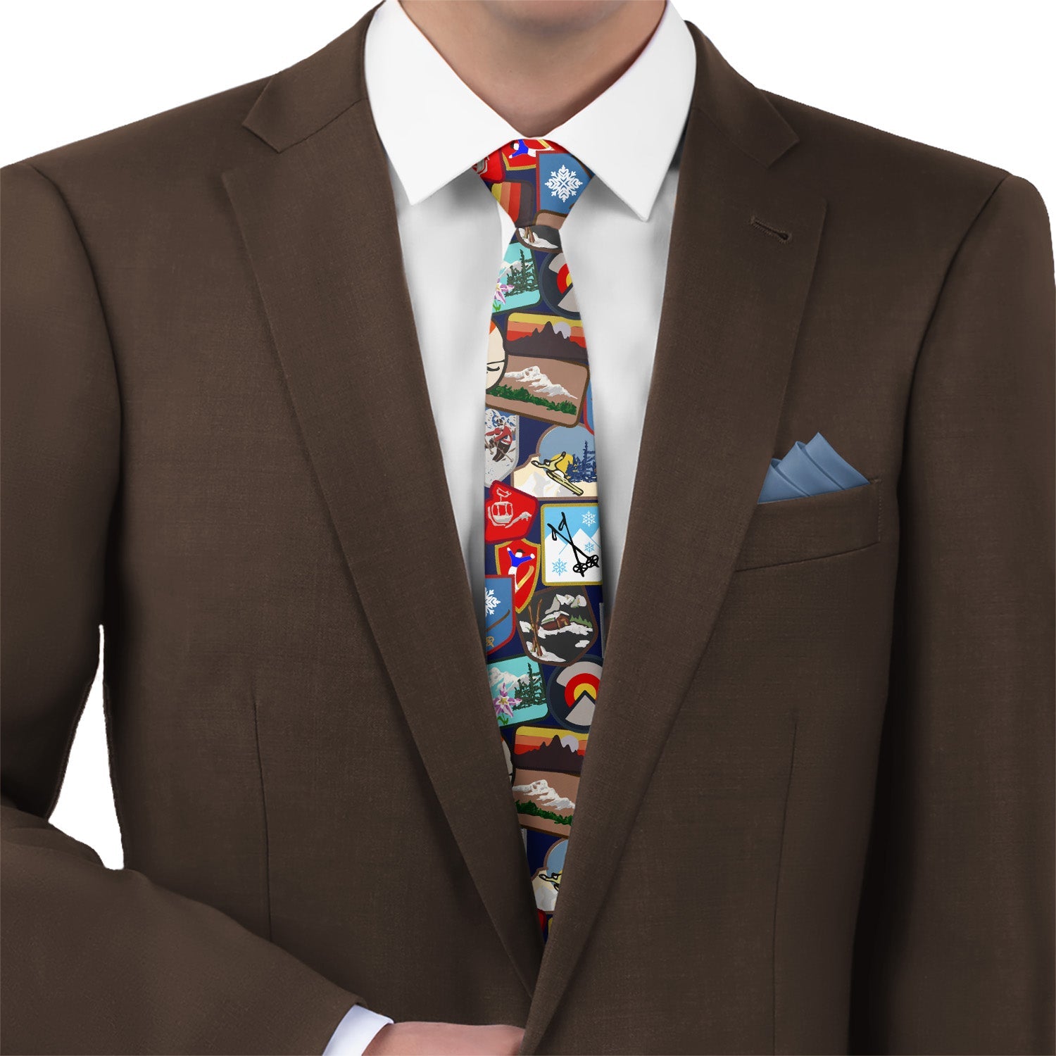 Vintage Ski Patches Necktie - Matching Pocket Square - Knotty Tie Co.