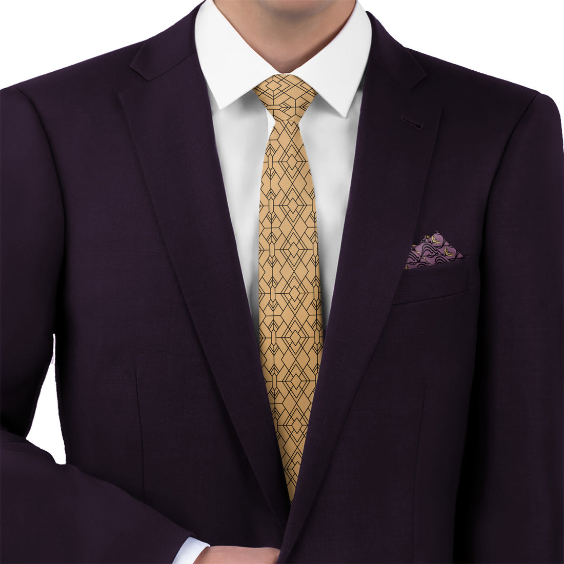 Geometric gold and black necktie with art nouveau patterned purple pocket square