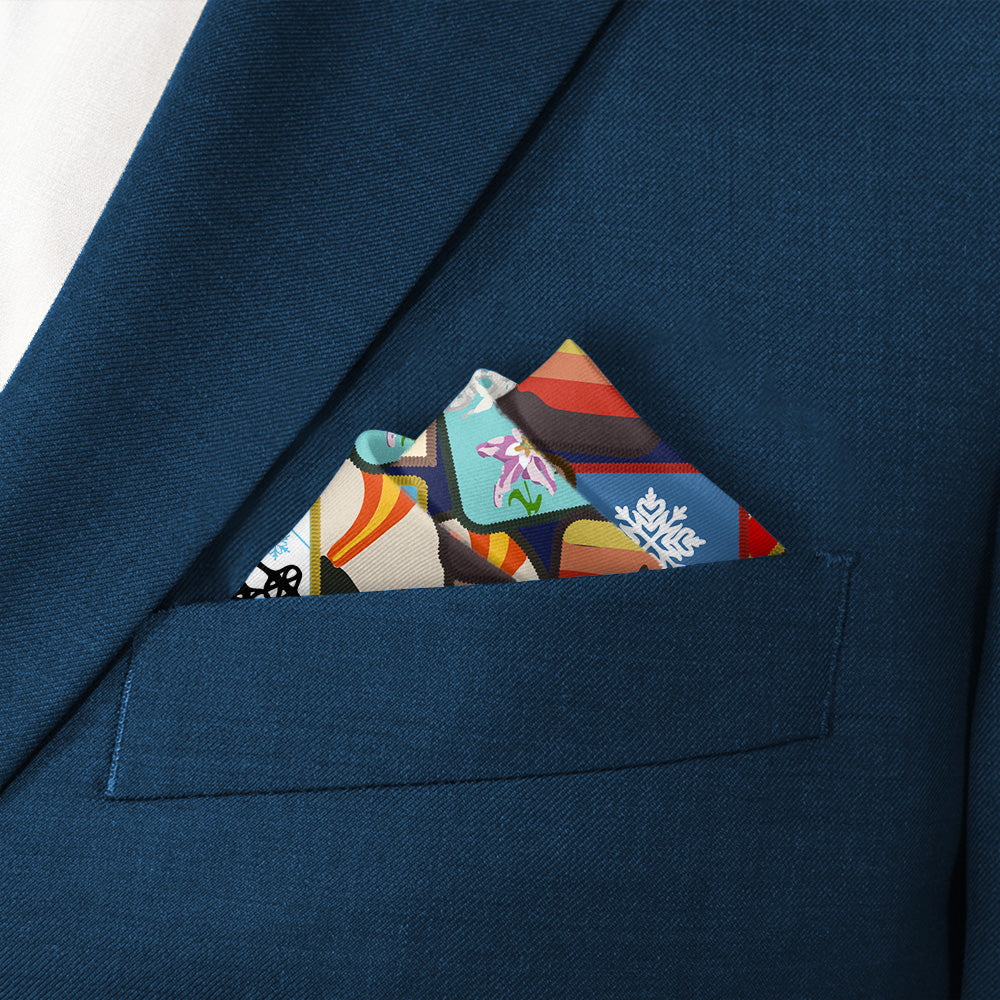 Vintage Ski Patches Pocket Square - Stairs Fold - Knotty Tie Co.