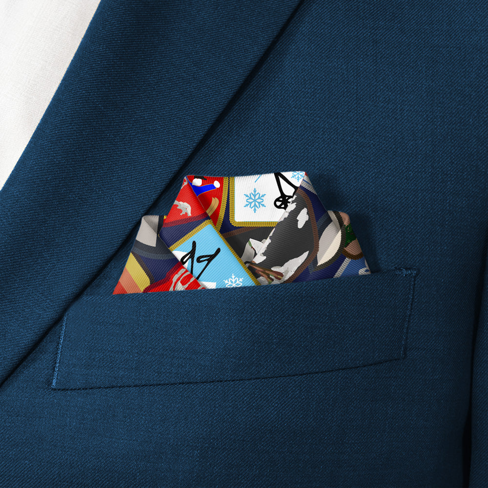 Vintage Ski Patches Pocket Square - Scalloped Fold - Knotty Tie Co.