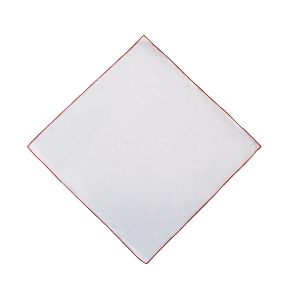 A white pocket square with a thin red border, displayed flat in a diamond orientation.