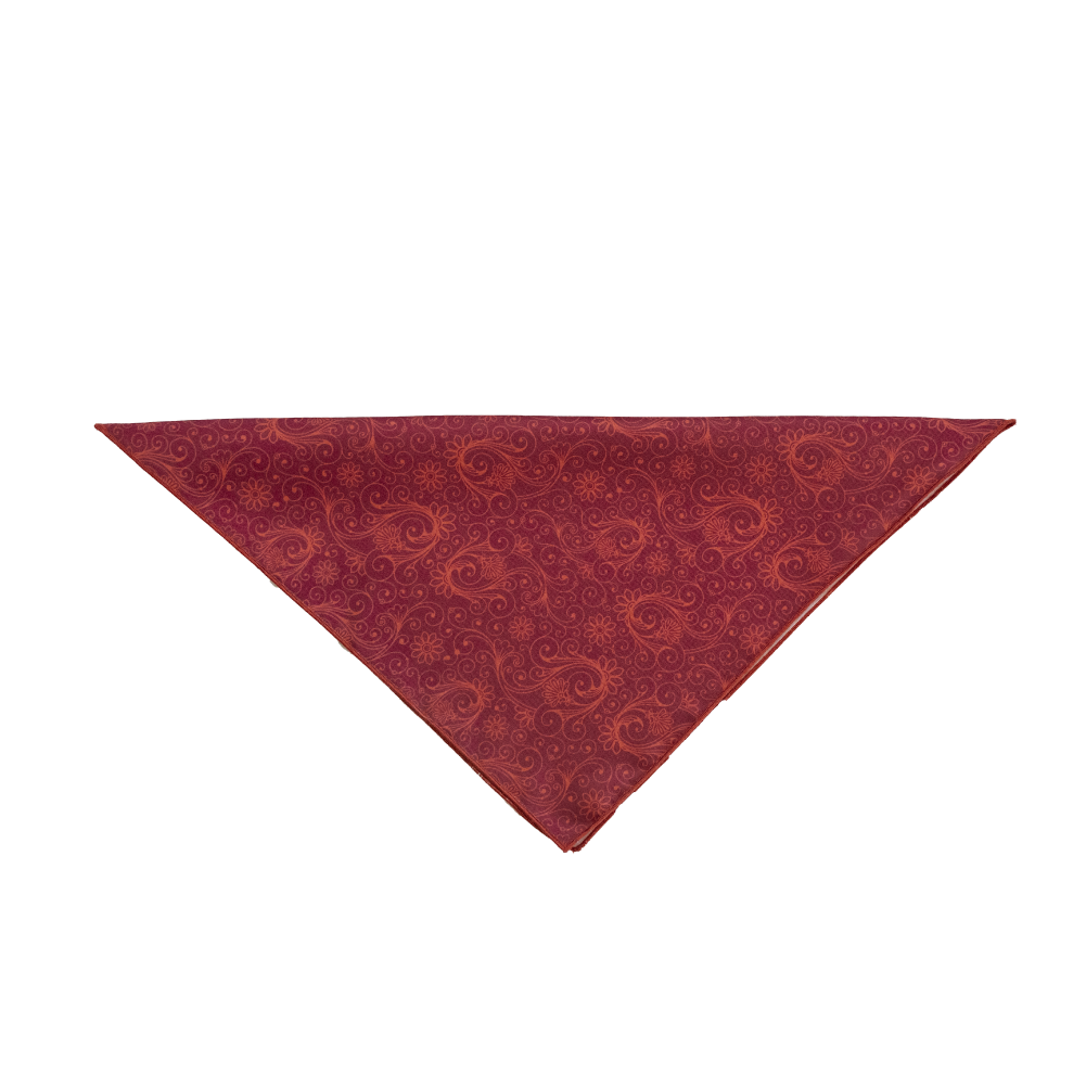 A red triangular pocket square with an orange paisley pattern, displayed flat against a solid white background.