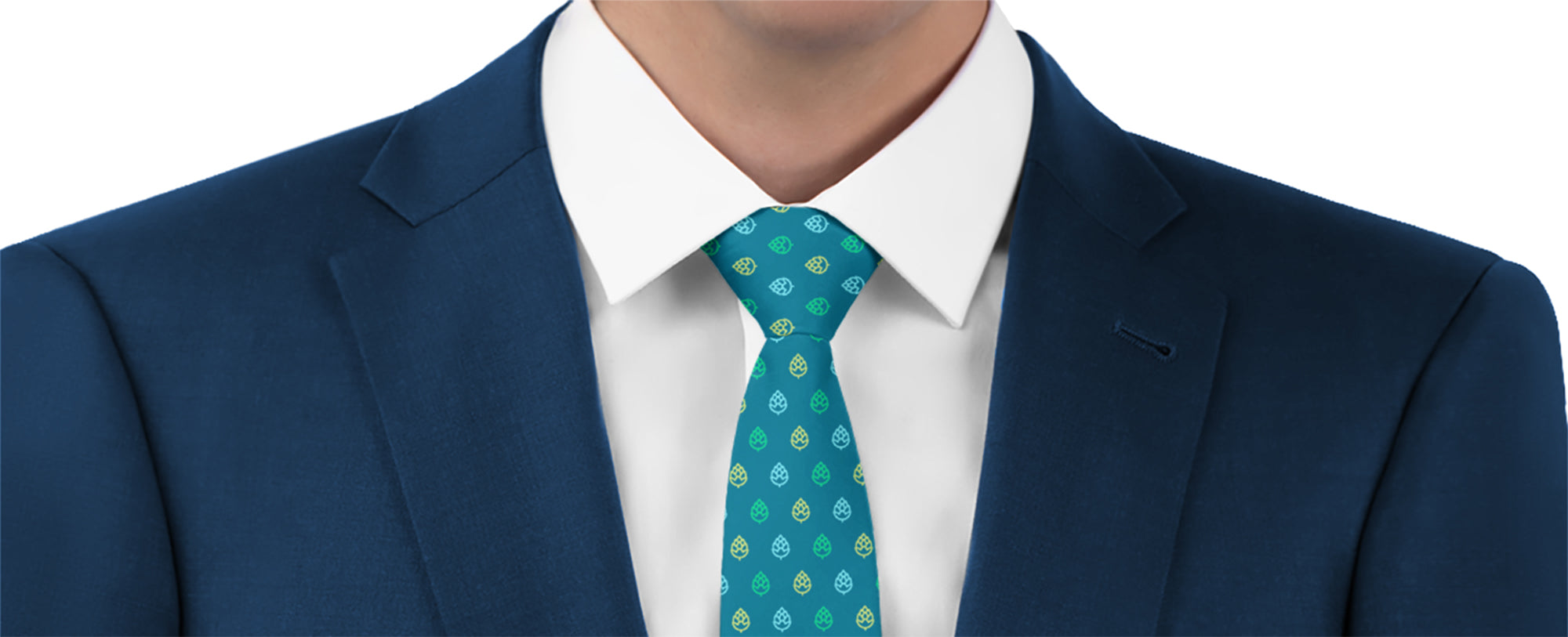 Beer hops pattern custom colored necktie worn with navy suit and white shirt