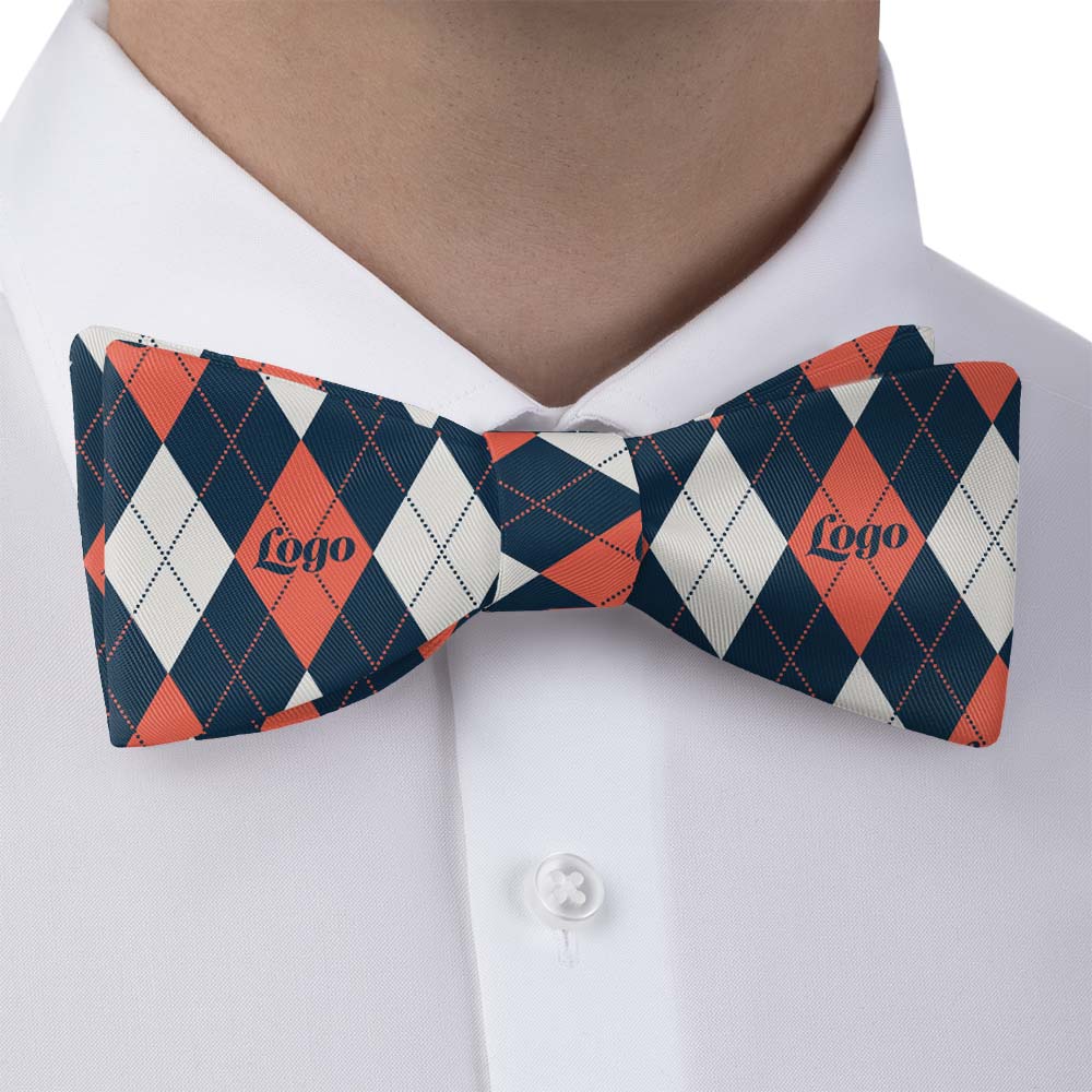 custom logo bow tie in orange, blue and white plaid pattern