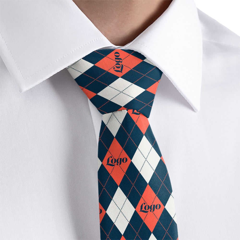 custom tie with blue orange and white logo pattern