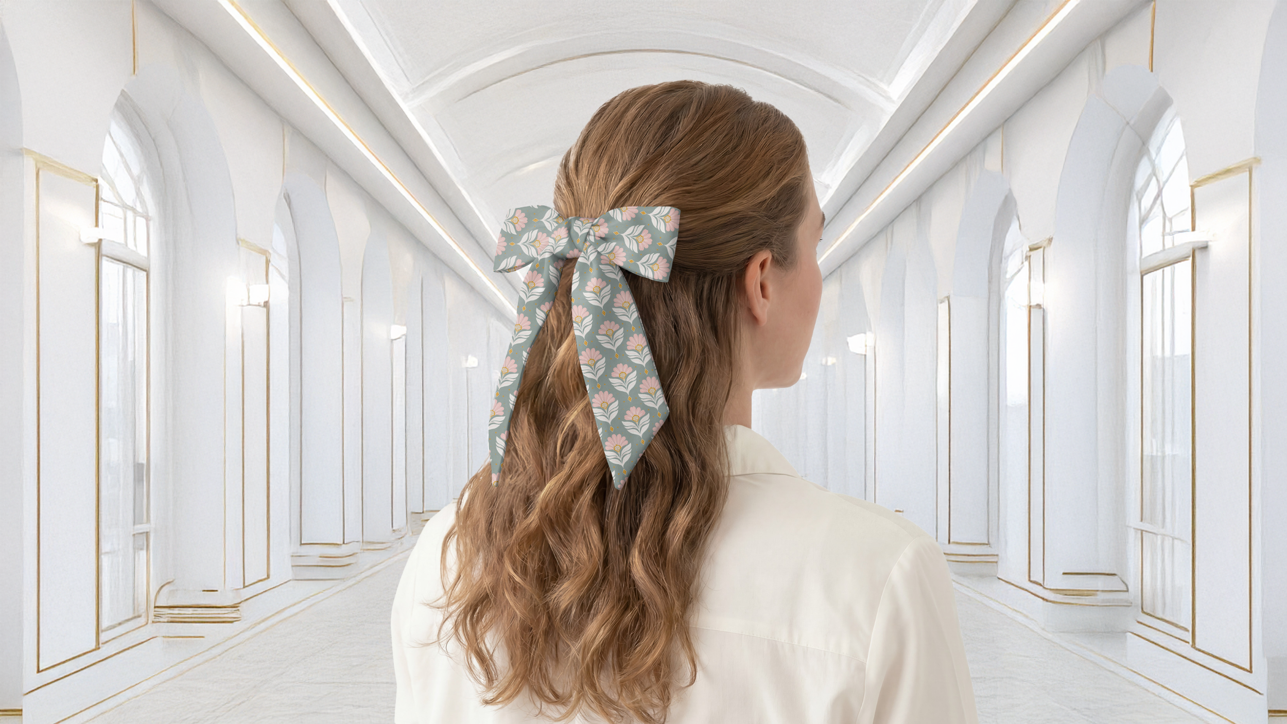 Woman with a floral hair scarf in a white hallway