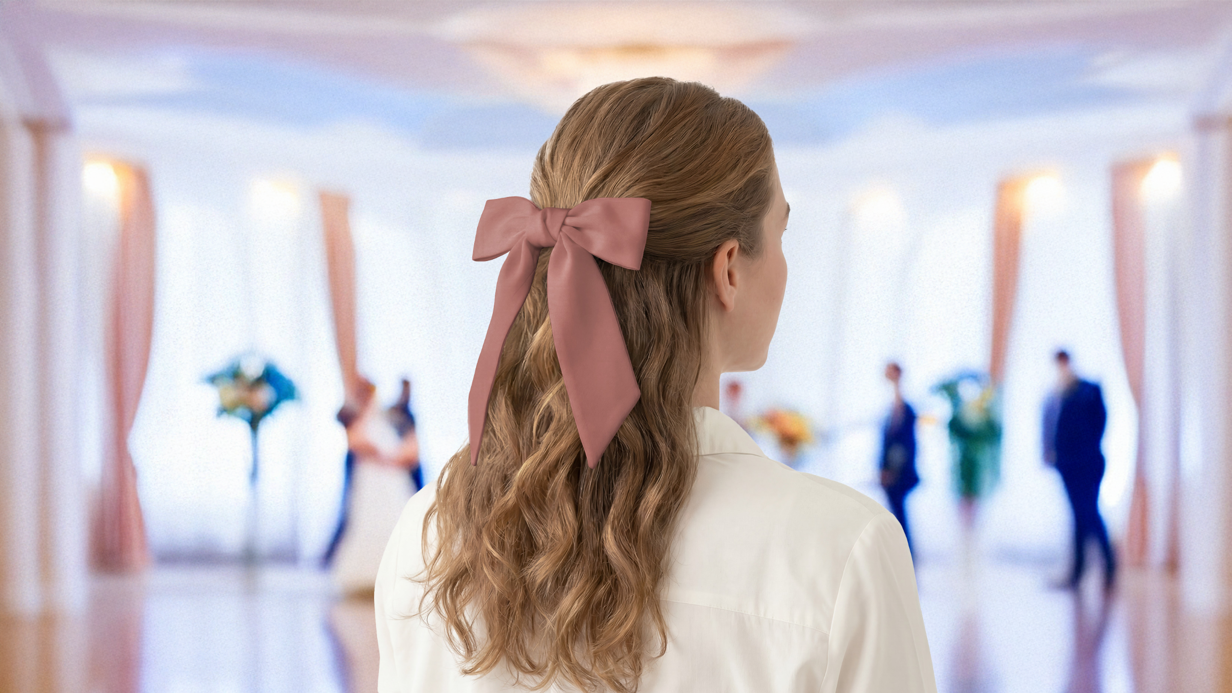 Woman with a pink bow scarf in her hair standing in a blurred indoor setting